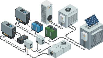 Isometric solar energy system with battery storage units, inverters, power controllers and connected devices illustrating renewable electricity technology network © Md Golam Shahariyar