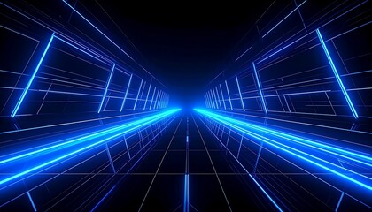 Symmetrical illustration of a perspective-lined tunnel, glowing bright blue against a black background. Grid-like pattern extends towards the vanishing point