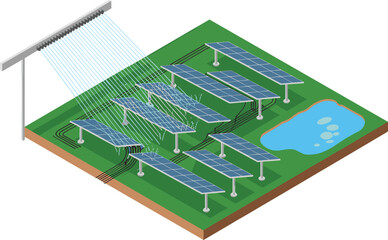 Isometric solar panel cleaning system illustration with automated water sprayers, renewable energy maintenance process, photovoltaic farm washing technology concept