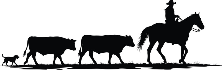Cowboy herding cattle silhouette with horse and dog, western ranch life vector art, cowboy and cows farm scene illustration
