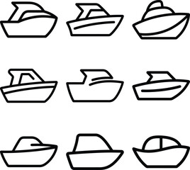 Collection of simple line art boat icons and illustrations