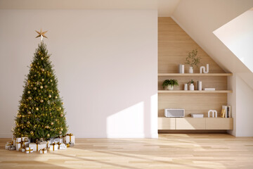 Naklejka premium Empty modern living room interior with Christmas tree and wooden shelves, White Wall mockup, 3D rendering.