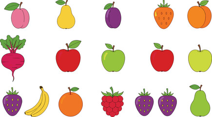 Mega Set of Colorful Flat Design Fruits and Vegetables Icons Vector Illustration