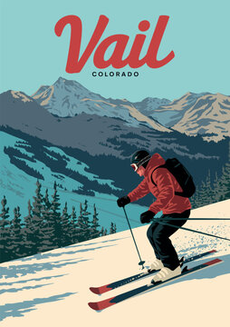 Vail Ski Resort Poster, Colorado Vintage Vector Travel Design Illustration