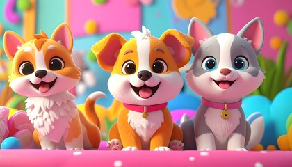 Obraz premium Three animated, adorable puppies sitting together. Two are orange and white, the third is gray and white, all with big eyes and pink collars