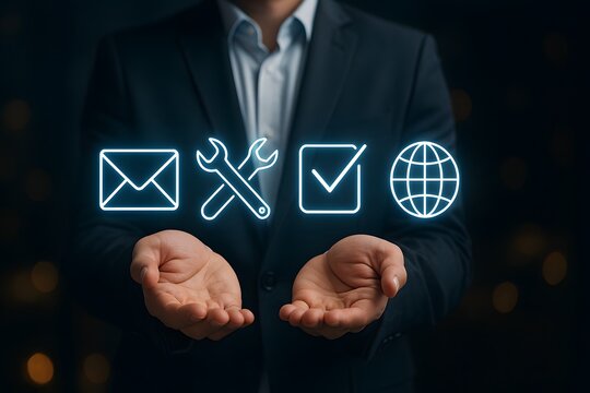 Businessman offering customer support services with email tools checklist and global access