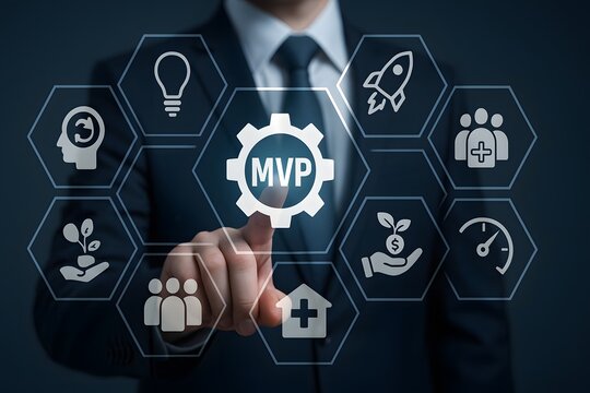 Businessman selecting mvp icon for startup product innovation strategy
