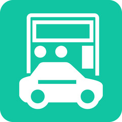 White car icon with a calculator or digital display behind it on a teal background