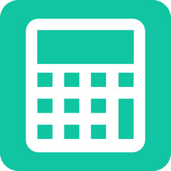 A simple white calculator icon with a digital display and keypad on a teal background