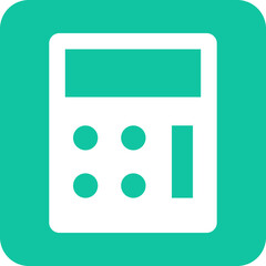 Simple flat icon of a white calculator with a green screen and buttons on a teal background