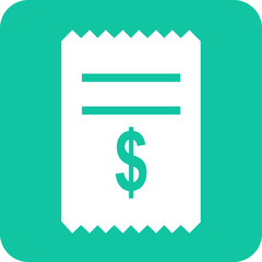 Simple flat icon representing a receipt with a dollar sign and lines on a teal background