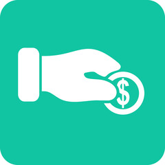 White hand holding a coin with a dollar sign on a teal background representing financial transactions and payments