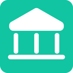 Simple white minimalist building icon with columns and triangular roof on a teal background