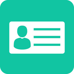Simple flat icon of a white identification card with a person silhouette and three lines of text on a teal background