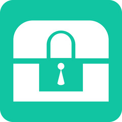 A simple white icon of a locked treasure chest with a keyhole on a teal green background representing security and safety