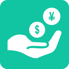 White hand holding dollar and yen coins against a teal background representing financial transactions and currency exchange
