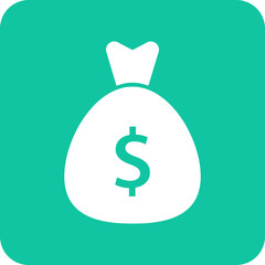 Simple white money bag icon with dollar sign on a vibrant teal background representing finance and wealth