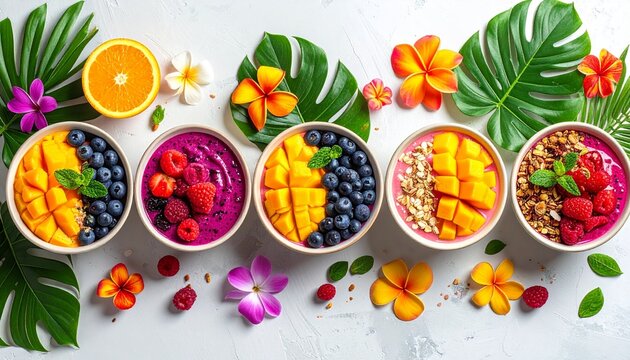 Five colorful smoothie bowls garnished with fresh fruits, granola, and mint—tropical vitality in every bite. - Powered by Adobe