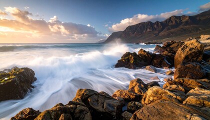 Obraz premium Waves crash against jagged rocks beneath a sunlit sky—raw power meets coastal serenity.