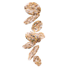 Round Crispbread levitate on a white background