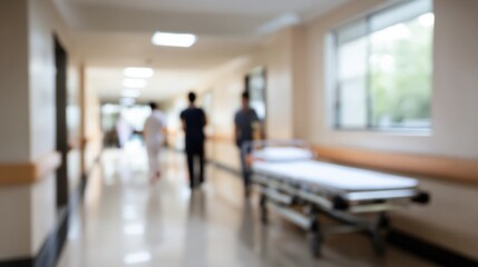Fototapeta premium Blurred hospital corridor with stretcher and walking staff conveying calm urgency in neutral light