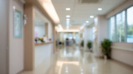 Blurred hospital corridor with reception desk and potted plant near window creating calm bright atmosphere and soft lighting