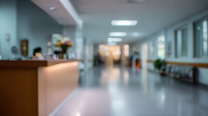 Fototapeta premium Blurred hospital corridor reception desk with soft lighting and floral arrangement conveying calm atmosphere and clinical setting