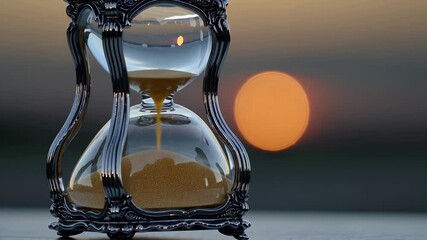 Warm 4K cinematic close up hourglass golden sand pouring quickly sunset sky background symbolizing time life mindfulness beautifully serene composition - Powered by Adobe
