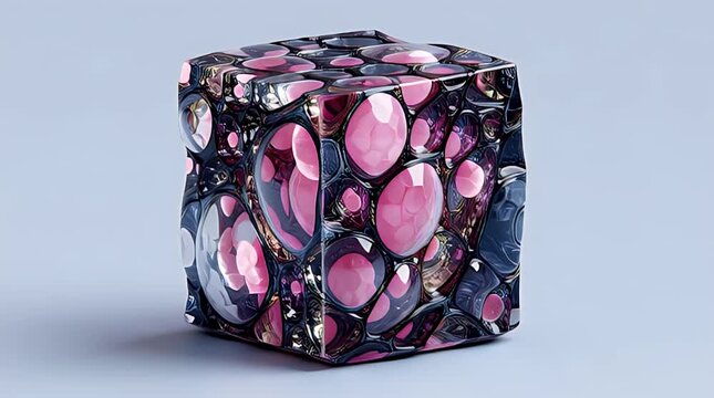 A geometric abstract cube-shaped structure composed of connected, irregular, glossy shapes, some pink orbs, resting on a flat, light surface