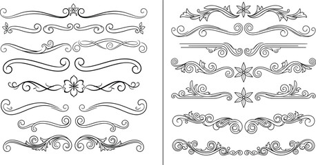Elegant ornamental decorative flourishes with floral and leaf motifs for vintage borders, invitations, certificates, and classic graphic design accents