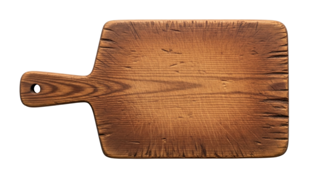 Rustic wooden cutting board with handle transparent background cutout png