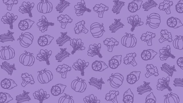 A vibrant scene of seasonal harvest featuring pumpkins and fresh vegetables on a purple background, celebrating autumn abundance and farm life.