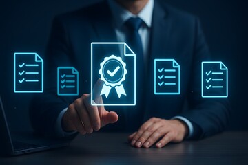 Corporate compliance audit concept with checklist files and certification badge