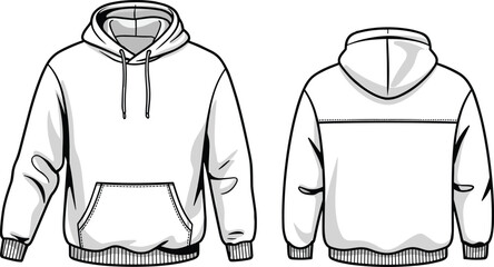 Front and back view vector illustration of blank hoodie sweatshirt with drawstring hood, kangaroo pocket, ribbed cuffs and hem. © Saila