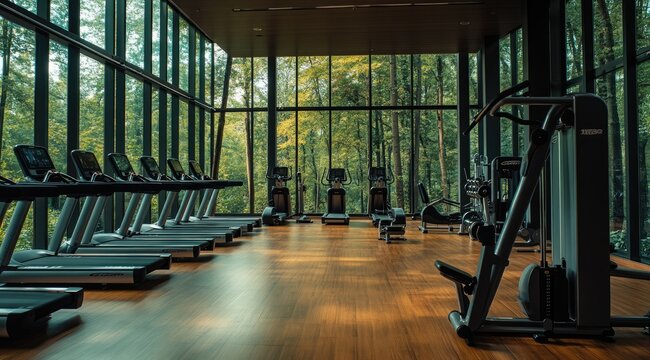 Modern gym with large windows overlooking forest (5) - Powered by Adobe