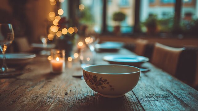 A beautifully set dining table adorned with candlelight and decorative bowls.