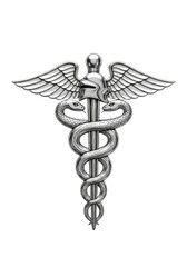 Detailed metallic caduceus symbol with a staff entwined by two serpents and topped with wings against a stark black backdrop