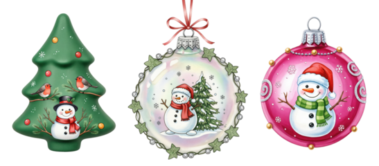 Festive Christmas Ornaments Collection Featuring Cheerful Snowmen and Winter Holiday Decorations on transparent background