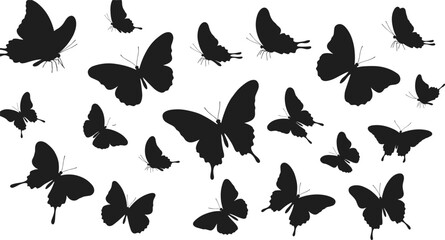 Flying black butterfly silhouettes on white background, elegant insect vector collection, minimalist nature illustration, wildlife pattern design for decoration and art