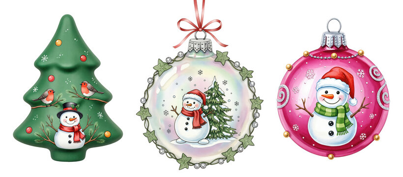 Festive Christmas Ornaments Collection Featuring Cheerful Snowmen and Winter Holiday Decorations on transparent background - Powered by Adobe