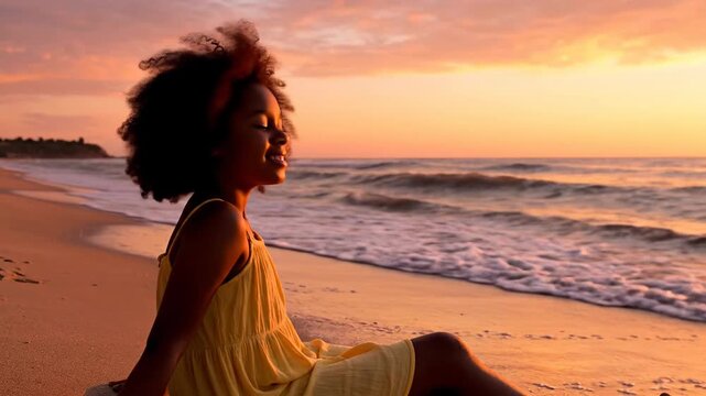 A young person with dark, curly hair sits on a sandy beach.  Sun setting over ocean, with the person looking up with closed eyes and a gentle smile