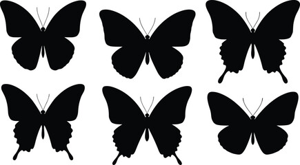 Black butterfly silhouettes collection, symmetrical insect design, isolated vector set, minimalist nature illustration, elegant shape for decoration and artwork © Sathi Creative