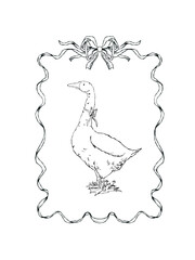 A black and white illustration of a goose with a bow around its neck, surrounded by a decorative ribbon frame with a large bow on top. Suitable for coloring pages and stationery.
