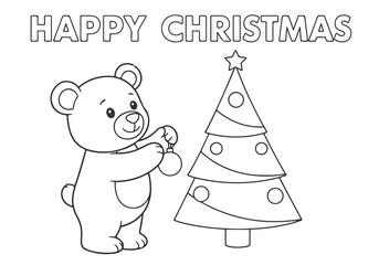 Charming holiday scene with a friendly bear decorating a festive Christmas tree, perfect for a delightful coloring book page for children