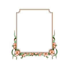 A decorative floral frame with soft pink blossoms and green leaves arranged around the lower part of the border, creating an elegant botanical layout for invitations, notes, and greeting cards