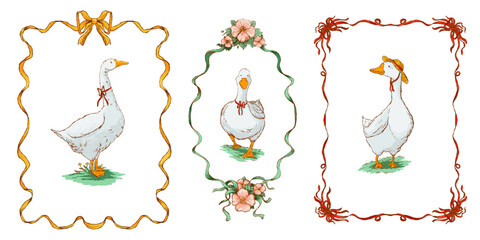 A hand-drawn illustration set featuring three white geese framed by decorative ribbon borders and floral accents, suitable for greeting cards, stationery, packaging, and vintage-themed designs. © _Julia_red