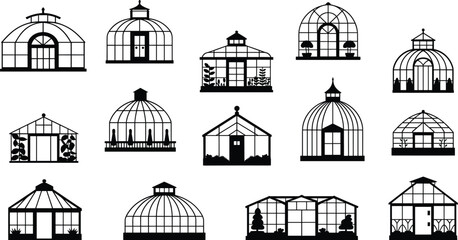 Set of 15 black greenhouse silhouette icons with diverse architectural styles, perfect for gardening, horticulture, and eco-friendly design themes.