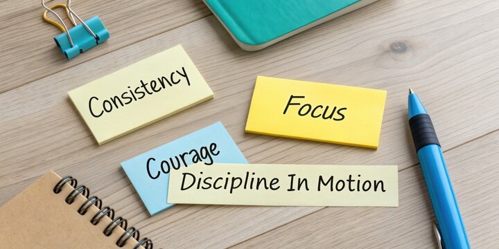 Motivational Stickers on a Desk Reflecting Principles of Consistency, Focus, Courage, and Discipline for Personal Development