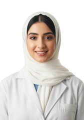 Portrait of a smiling young woman wearing a white hijab and a medical lab coat against a dark background
