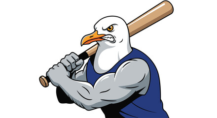 Mascot seagull in a blue tank top holding a baseball bat aggressively.